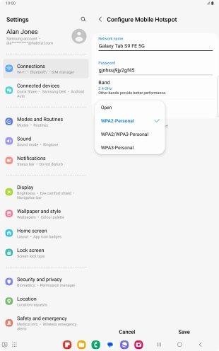 Press WPA3-Personal to password protect your Wi-Fi hotspot. Press WPA3-Personal to password protect your Wi-Fi hotspot.