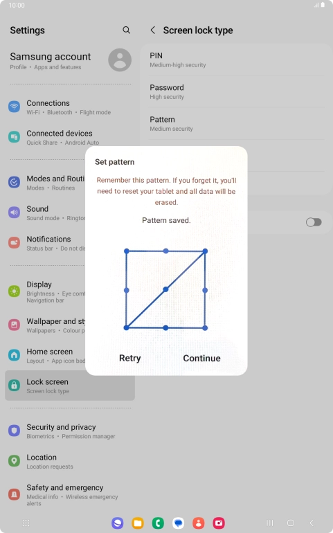 Slide your finger across the screen to connect at least four points and press Continue. Slide your finger across the screen to connect at least four points and press Continue.