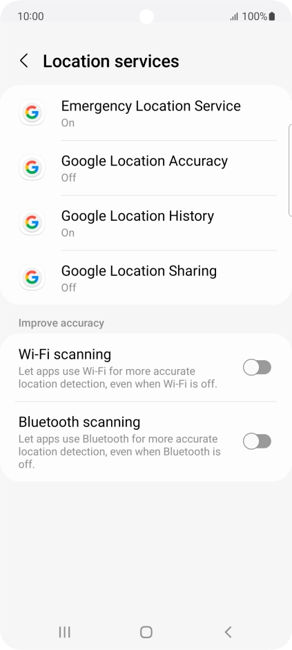 Press Google Location Accuracy. Press Google Location Accuracy.