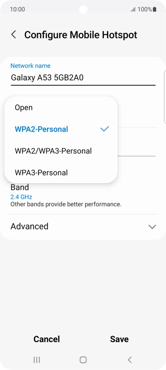 Press WPA3-Personal to password protect your Wi-Fi hotspot. Press WPA3-Personal to password protect your Wi-Fi hotspot.
