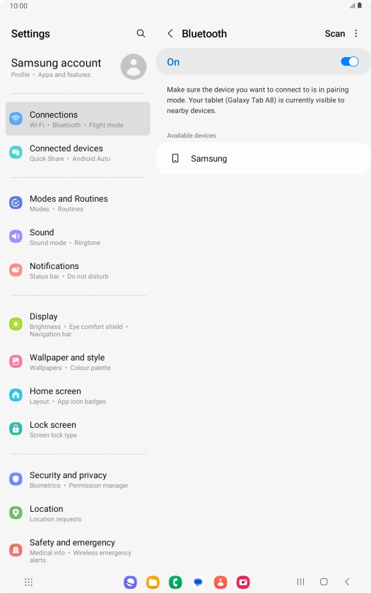 Press the required Bluetooth device and follow the instructions on the screen to pair the device with your tablet. Press the required Bluetooth device and follow the instructions on the screen to pair the device with your tablet.
