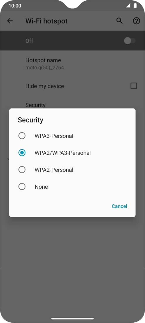 Press WPA3-Personal to password protect your Wi-Fi hotspot. Press WPA3-Personal to password protect your Wi-Fi hotspot.
