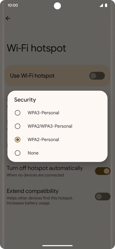 Press WPA3-Personal to password protect your Wi-Fi hotspot. Press WPA3-Personal to password protect your Wi-Fi hotspot.