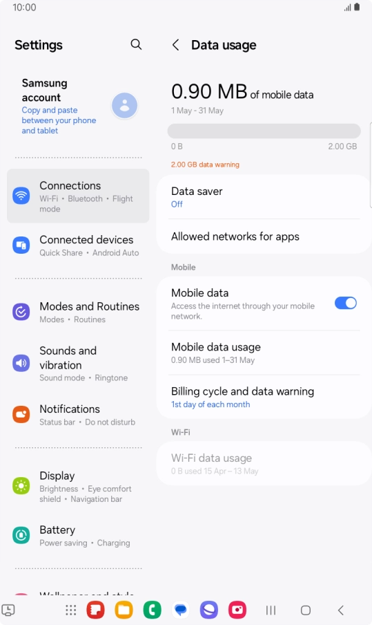 The total data usage is displayed. The total data usage is displayed.