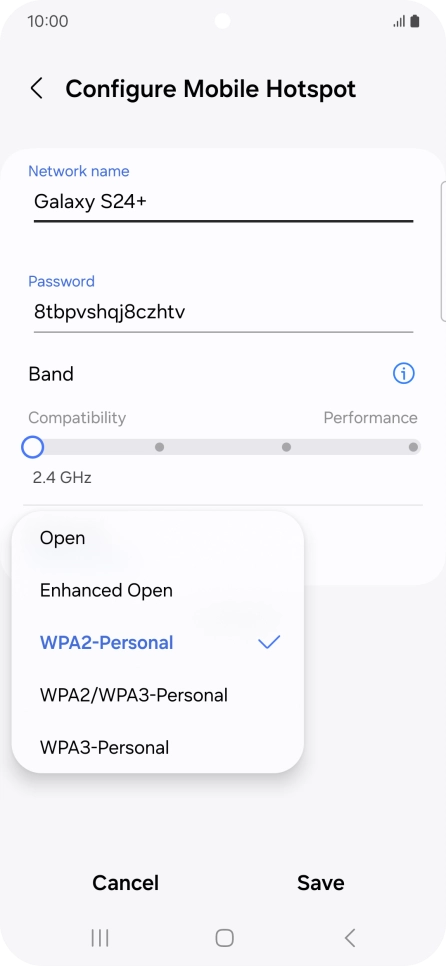 Press WPA3-Personal to password protect your Wi-Fi hotspot. Press WPA3-Personal to password protect your Wi-Fi hotspot.
