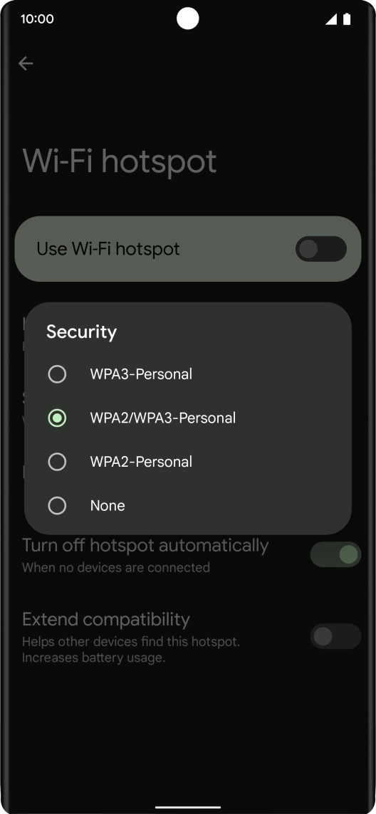 Press WPA3-Personal to password protect your Wi-Fi hotspot. Press WPA3-Personal to password protect your Wi-Fi hotspot.