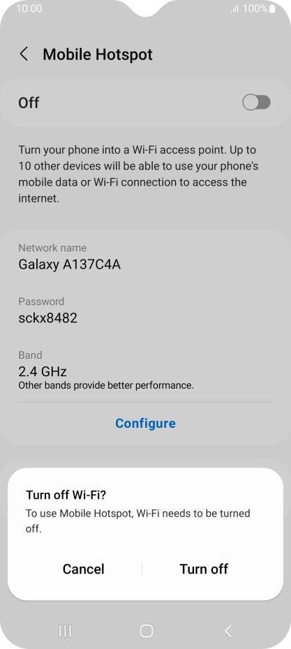 If Wi-Fi is turned on, press Turn off. If Wi-Fi is turned on, press Turn off.