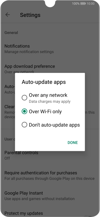 To turn on automatic update of apps using mobile network, press Over any network. To turn on automatic update of apps using mobile network, press Over any network.