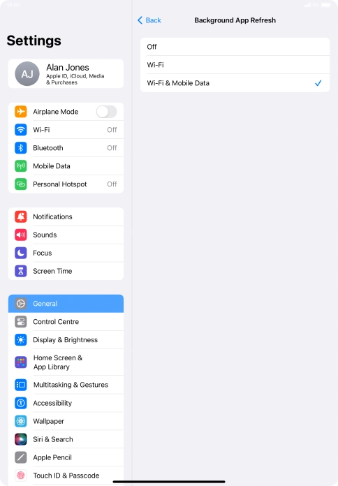 To turn off background refresh of apps, press Off. To turn off background refresh of apps, press Off.
