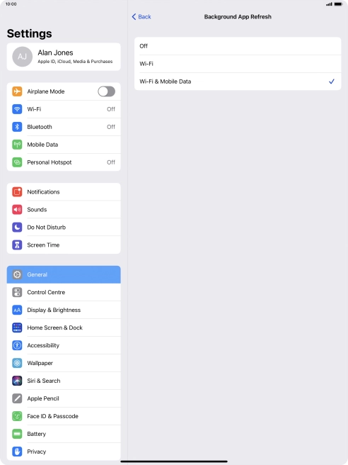 To turn off background refresh of apps, press Off. To turn off background refresh of apps, press Off.