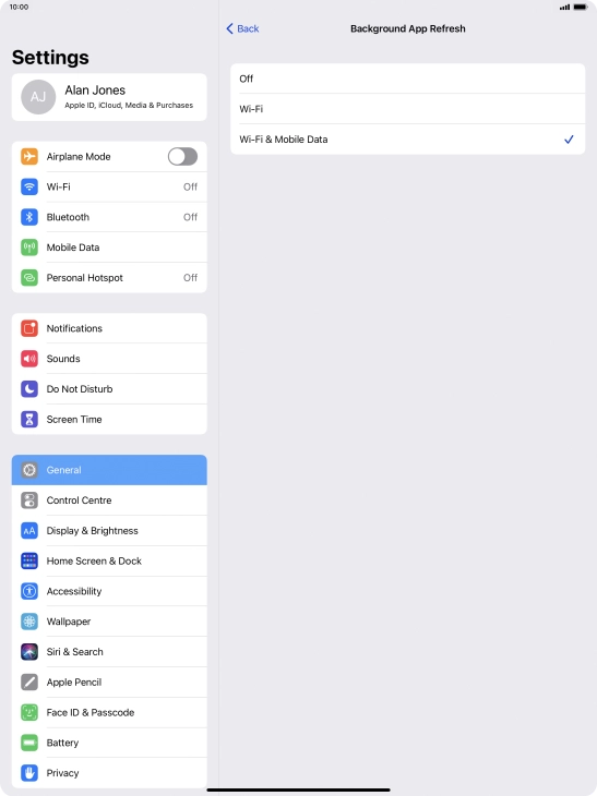 To turn off background refresh of apps, press Off. To turn off background refresh of apps, press Off.