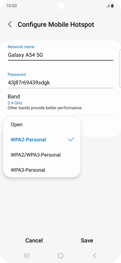 Press WPA3-Personal to password protect your Wi-Fi hotspot. Press WPA3-Personal to password protect your Wi-Fi hotspot.