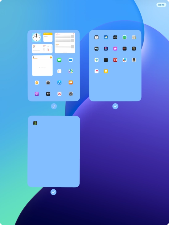Press the field below the required home screen page to turn page view on or off. Press the field below the required home screen page to turn page view on or off.