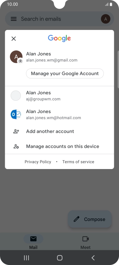 Press the required email account. Press the required email account.