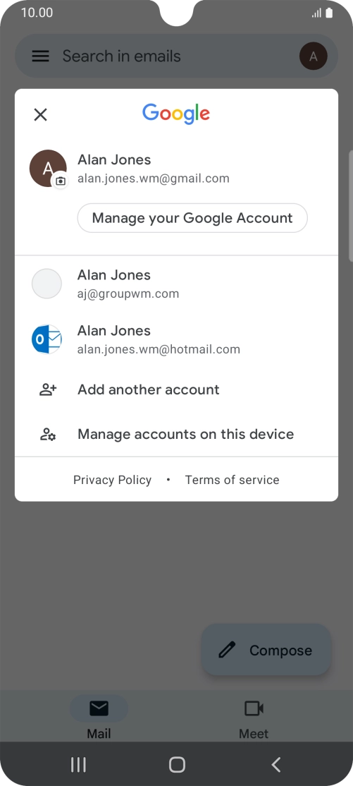 Press the required email account. Press the required email account.