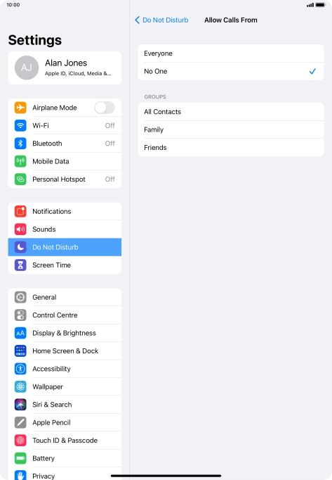 Press the required setting to select which contacts can call you even though Do Not Disturb is turned on. Press the required setting to select which contacts can call you even though Do Not Disturb is turned on.