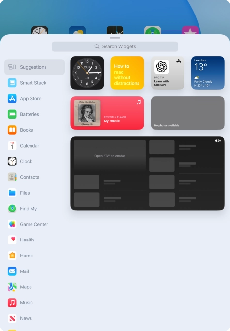 Press the required widget. Press the required widget.