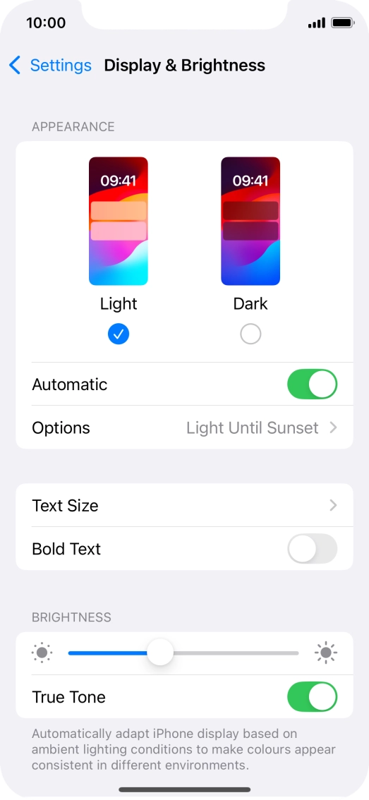 If you turn on the function, press Options and follow the instructions on the screen to select the required period of time for Dark Mode. If you turn on the function, press Options and follow the instructions on the screen to select the required period of time for Dark Mode.