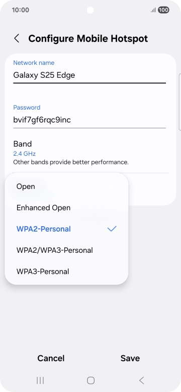 Press WPA3-Personal to password protect your Wi-Fi hotspot. Press WPA3-Personal to password protect your Wi-Fi hotspot.