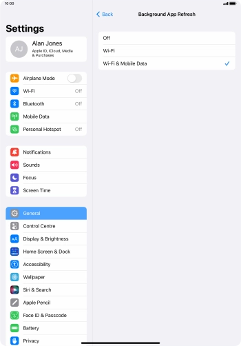 To turn off background refresh of apps, press Off. To turn off background refresh of apps, press Off.