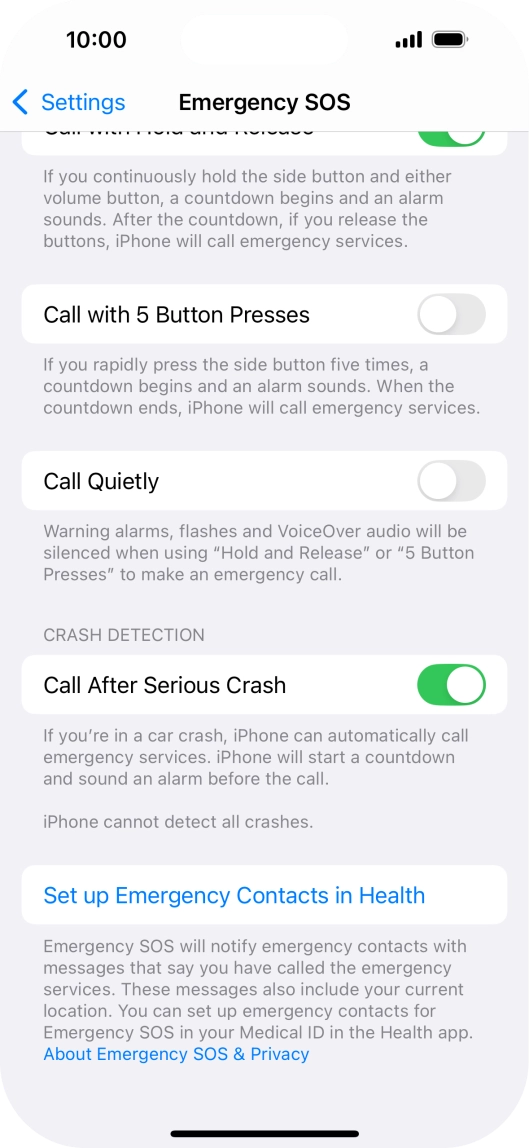 Press Set up Emergency Contacts in Health and follow the instructions on the screen to key in your emergency info and emergency contacts. Press Set up Emergency Contacts in Health and follow the instructions on the screen to key in your emergency info and emergency contacts.