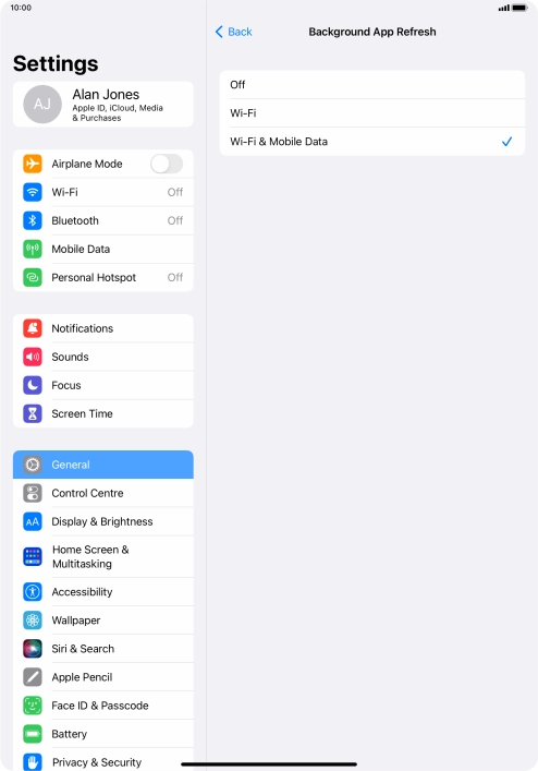To turn off background refresh of apps, press Off. To turn off background refresh of apps, press Off.