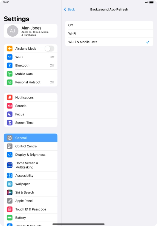 To turn off background refresh of apps, press Off. To turn off background refresh of apps, press Off.