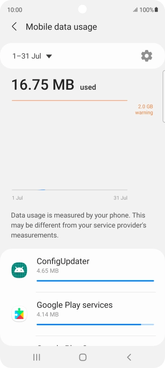 The data usage for each application is displayed below the name of the application. The data usage for each application is displayed below the name of the application.