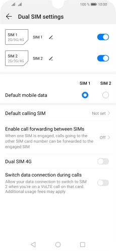Press the indicator next to the required SIM to turn use of the SIM on or off. Press the indicator next to the required SIM to turn use of the SIM on or off.