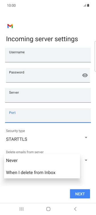 Press Never to keep email on the server when you delete them on your phone. Press Never to keep email on the server when you delete them on your phone.
