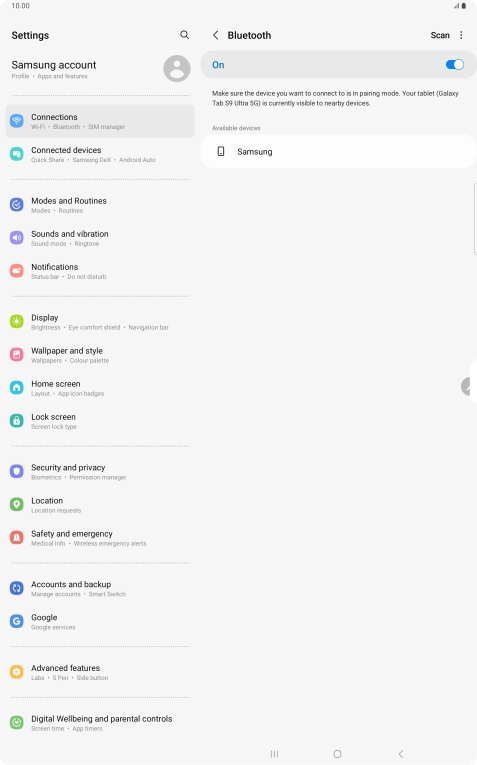 Press the required Bluetooth device and follow the instructions on the screen to pair the device with your tablet. Press the required Bluetooth device and follow the instructions on the screen to pair the device with your tablet.