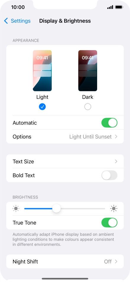 If you turn on the function, press Options and follow the instructions on the screen to select the required period of time for Dark Mode. If you turn on the function, press Options and follow the instructions on the screen to select the required period of time for Dark Mode.
