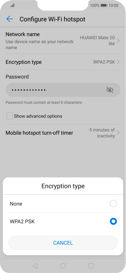 Press WPA2 PSK to password protect your Wi-Fi hotspot. Press WPA2 PSK to password protect your Wi-Fi hotspot.