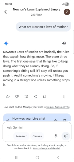 Transcription of the conversation with Gemini Live is now displayed. Transcription of the conversation with Gemini Live is now displayed.