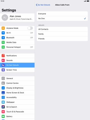 Press the required setting to select which contacts can call you even though Do Not Disturb is turned on. Press the required setting to select which contacts can call you even though Do Not Disturb is turned on.