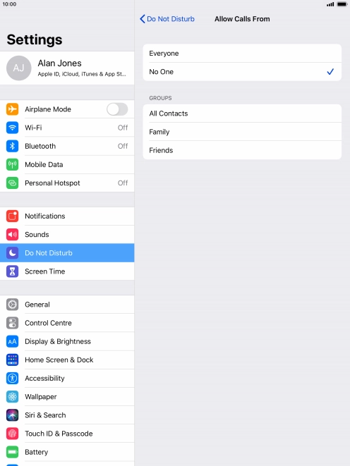 Press the required setting to select which contacts can call you even though Do Not Disturb is turned on. Press the required setting to select which contacts can call you even though Do Not Disturb is turned on.