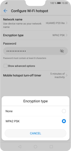 Press WPA2 PSK to password protect your Wi-Fi hotspot. Press WPA2 PSK to password protect your Wi-Fi hotspot.