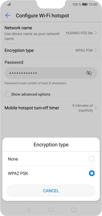 Press WPA2 PSK to password protect your Wi-Fi hotspot. Press WPA2 PSK to password protect your Wi-Fi hotspot.