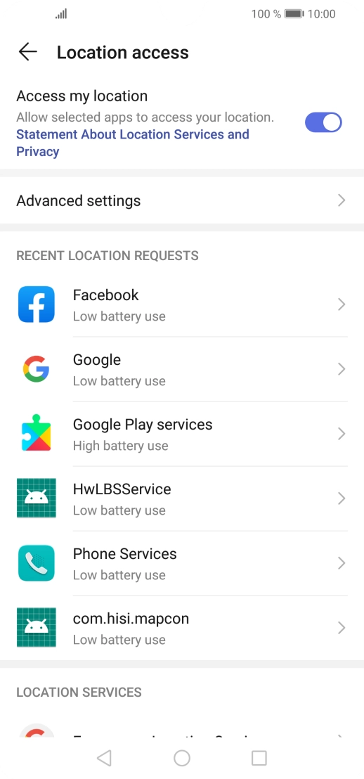 Press Google Location Accuracy. Press Google Location Accuracy.