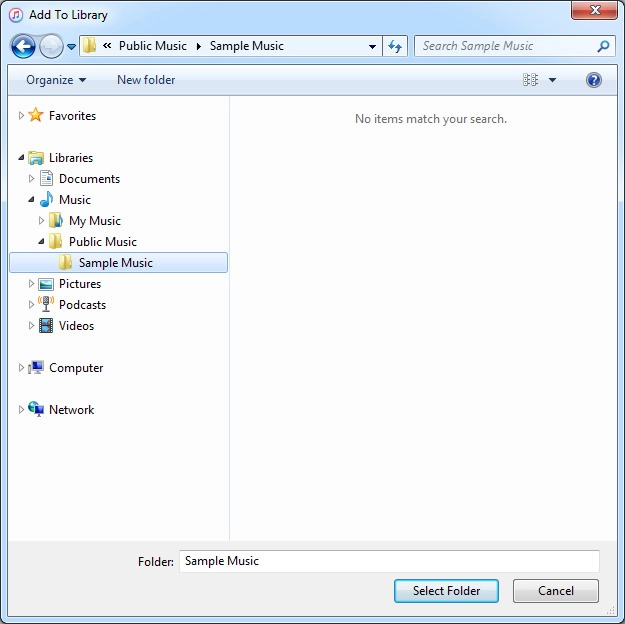 Go to the required file or folder in your computer's file system and follow the instructions on the screen to add a file or folder to the iTunes library. Go to the required file or folder in your computer's file system and follow the instructions on the screen to add a file or folder to the iTunes library.