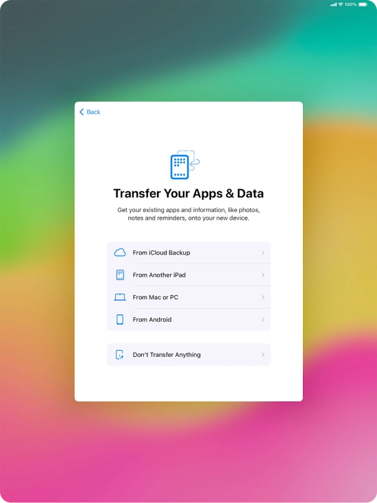 You can transfer the contents of an Android device to your tablet when it's activated for the first time and after a factory reset. When this screen is displayed, your tablet is ready to transfer contents from an Android device. You can transfer the contents of an Android device to your tablet when it's activated for the first time and after a factory reset. When this screen is displayed, your tablet is ready to transfer contents from an Android device.