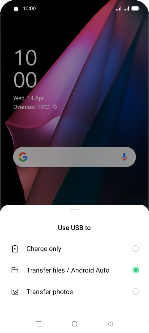 Press Transfer files / Android Auto. Press Transfer files / Android Auto.