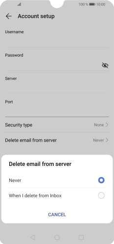 Press Never to keep email on the server when you delete them on your phone. Press Never to keep email on the server when you delete them on your phone.