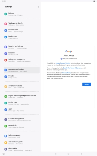 Press I agree and follow the instructions on the screen to select settings for your Google account. Press I agree and follow the instructions on the screen to select settings for your Google account.
