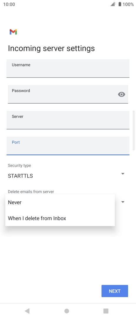 Press Never to keep email on the server when you delete them on your phone. Press Never to keep email on the server when you delete them on your phone.
