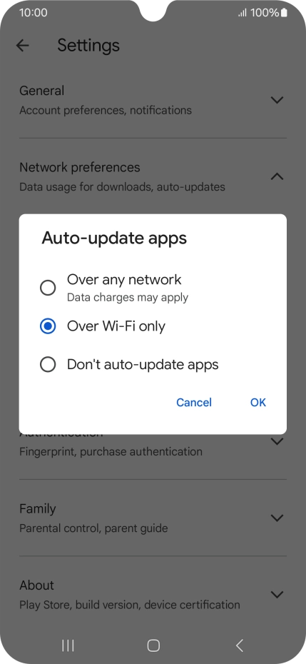 To turn on automatic update of apps using mobile network, press Over any network. To turn on automatic update of apps using mobile network, press Over any network.