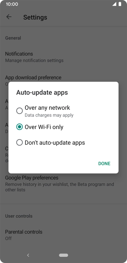 To turn on automatic update of apps using mobile network, press Over any network. To turn on automatic update of apps using mobile network, press Over any network.