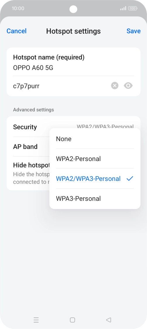 Press WPA3-Personal to password protect your Wi-Fi hotspot. Press WPA3-Personal to password protect your Wi-Fi hotspot.