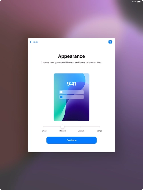 Select the required text and icon size on your tablet and press Continue. Select the required text and icon size on your tablet and press Continue.