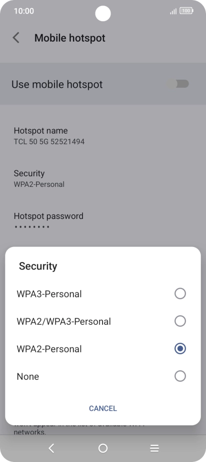 Press WPA3-Personal to password protect your Wi-Fi hotspot. Press WPA3-Personal to password protect your Wi-Fi hotspot.
